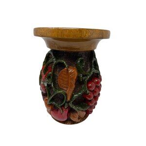 Vintage Carved Wooden Fruit Motif Vase Holder Planter 1970s OOAK
